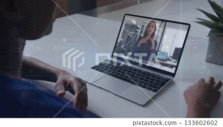 Viewing silver laptop showing online meeting on white desk in home office, with potted succulent Viewing silver laptop showing online meeting on white desk in home office, with potted succulent 133602602