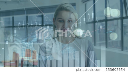 Smiling executive projecting candlestick data on industrial windows, showing line and bar charts Smiling executive projecting candlestick data on industrial windows, showing line and bar charts 133602654