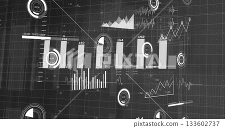 Displaying bar charts, line graphs, triangular area plot on dark grid backdrop with circular gauges 133602737