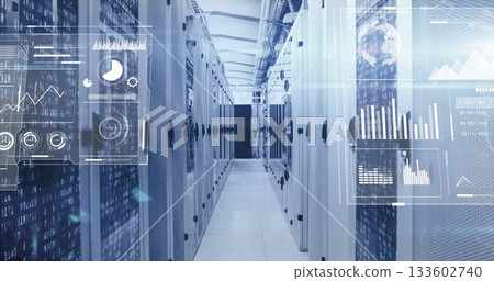 Server racks glowing in data center corridor, with LED indicators and holographic screens Server racks glowing in data center corridor, with LED indicators and holographic screens 133602740