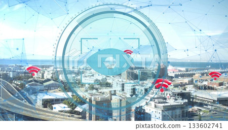 Displaying eye icon in concentric circles hovering over coastal city, with mesh and WiFi symbols Displaying eye icon in concentric circles hovering over coastal city, with mesh and WiFi symbols 133602741