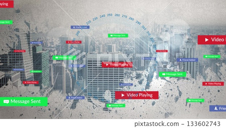 Overlaying green MessageSent bubbles or blue FriendAdded labels or red play buttons or degree arc sk 133602743