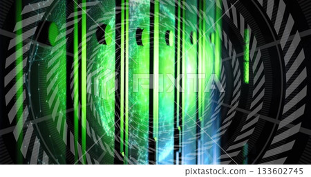 Glowing green sphere hovering in holographic interface with vertical bars and circuit gridlines 133602745