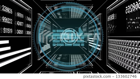 Central holographic interface pulsing in virtual hub with numeric panels, graphs and grid matrices Central holographic interface pulsing in virtual hub with numeric panels, graphs and grid matrices 133602746