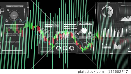 Displaying financial data visualization on digital dashboard, with candlestick chart and line graph Displaying financial data visualization on digital dashboard, with candlestick chart and line graph 133602747