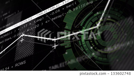 Displaying line graph intersecting green HUD visualization on dark dashboard, with code fragments 133602748