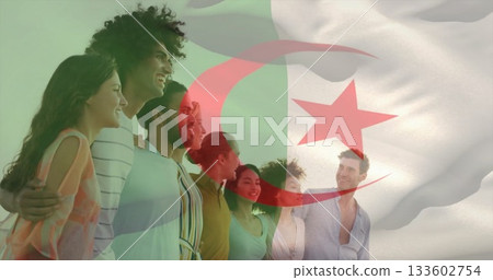 Standing adult friends linking arms and smiling in rolling landscape, with Algerian flag overlay Standing adult friends linking arms and smiling in rolling landscape, with Algerian flag overlay 133602754