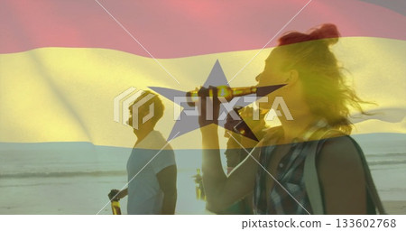 Walking five friends holding glass bottles along sandy beach at sunset, with flag overlay Walking five friends holding glass bottles along sandy beach at sunset, with flag overlay 133602768
