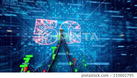 Glowing neon '5G' text illuminating cyberspace grid, with candlestick graphs and data streams 133602795
