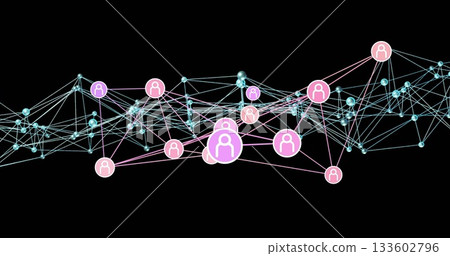 Displaying largest pink-purple user-avatar icon linking cyan nodes in network with light-blue lines Displaying largest pink-purple user-avatar icon linking cyan nodes in network with light-blue lines 133602796