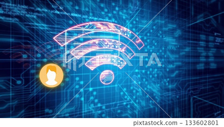 Glowing neon Wi-Fi symbol shining on circuit trace grid in cyberspace, with user avatar icon 133602801