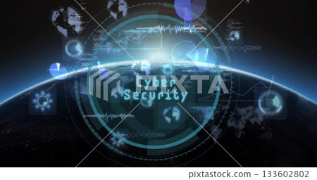 Displaying digital interface showing Cyber Security at edge of space, with rings and globe icons Displaying digital interface showing Cyber Security at edge of space, with rings and globe icons 133602802