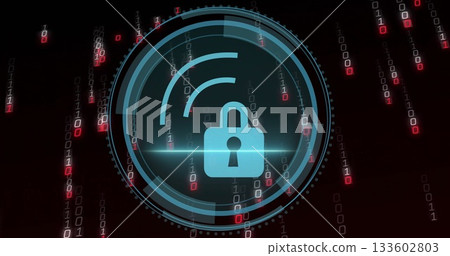 Displaying light blue padlock icon glowing inside circular HUD interface, with falling binary code Displaying light blue padlock icon glowing inside circular HUD interface, with falling binary code 133602803