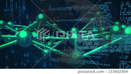 Floating 3D network structure glowing above dark grid floor, with green spheres and code overlays 133602804