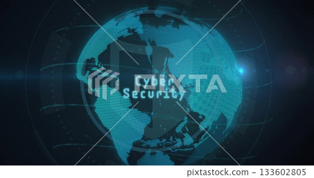 Showing holographic globe rotating in cyber interface with glowing Cyber Security and data rings 133602805