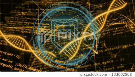 Floating holographic interface in cyber grid, with golden DNA helices and shield envelope icon 133602808