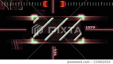 Showing glowing targeting frame with cyan bars, readouts and glitch lines on digital display panel Showing glowing targeting frame with cyan bars, readouts and glitch lines on digital display panel 133602810