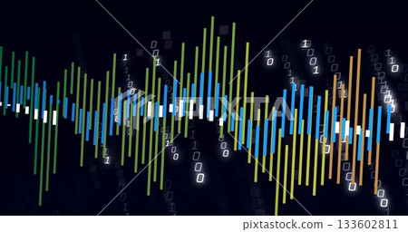 Showing multicolored vertical bars oscillating on dark data interface, with floating binary digits Showing multicolored vertical bars oscillating on dark data interface, with floating binary digits 133602811