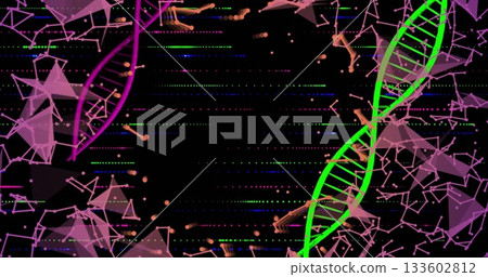 Displaying green DNA helix turning in data space, purple fragment, clusters, neon points, lines Displaying green DNA helix turning in data space, purple fragment, clusters, neon points, lines 133602812
