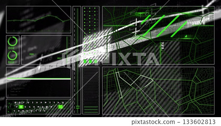 Futuristic HUD interface overlaying control station display, with line graph and map overlays 133602813