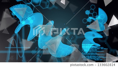 Floating three glowing helixes spiraling in interface with shards hexagonal grid and scrolling code 133602814