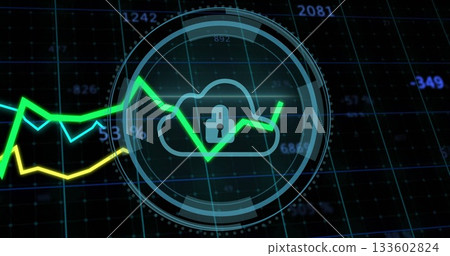 Showing locked cloud icon spinning inside UI rings in data panel, with green-and-yellow line charts Showing locked cloud icon spinning inside UI rings in data panel, with green-and-yellow line charts 133602824
