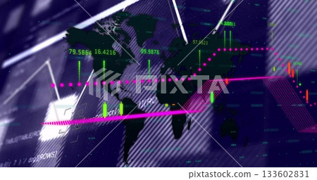 Showing world map with market trends on trade dashboard, featuring magenta points, candlestick bars Showing world map with market trends on trade dashboard, featuring magenta points, candlestick bars 133602831