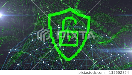 Green shield and unlocked padlock icon glowing in cyberspace, white nodes, lines, data waveforms Green shield and unlocked padlock icon glowing in cyberspace, white nodes, lines, data waveforms 133602834