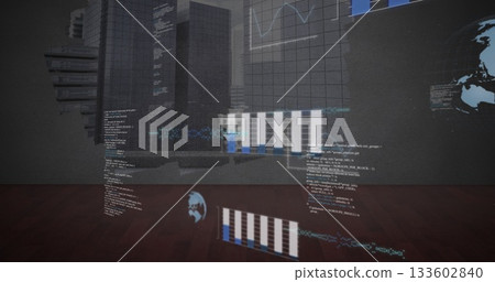 Projecting holographic data in dark room, with 3D building, floating code, charts and world map 133602840