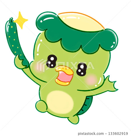 一隻可愛閃亮的河童拿著一根黃瓜 133602919