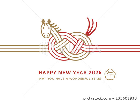 2026 Year of the Horse New Year's Card Design: Cute Red and Gold Horse Mizuhiki 133602938