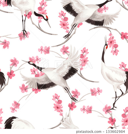 Seamless pattern of japanese cranes with the pink sakura on background. Watercolor handmade illustration. For fabric, wallpaper, greeting cards, design, decoration and illustration. 133602984
