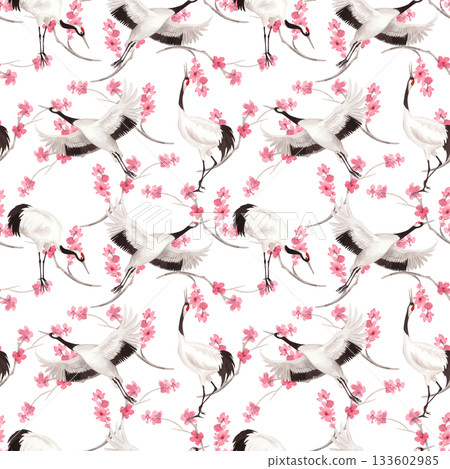 Seamless pattern of japanese cranes with the pink sakura branches on background. Watercolor handmade illustration. For fabric, wallpaper, greeting cards, design, decoration and illustration. 133602985