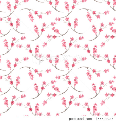 Seamless pattern of sakura branches. Watercolor handmade illustration. For fabric, wallpaper, greeting cards, design, decoration and illustration. 133602987