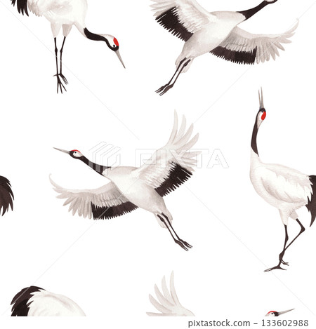 Seamless pattern of japanese red crown cranes. Watercolor illustration of crane. Delicate illustration for fabric, wallpaper, greeting cards, design, decoration and illustration. 133602988