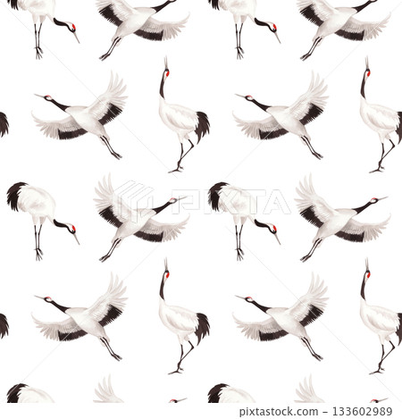 Seamless pattern of japanese cranes Watercolor illustration of crane. Delicate illustration for fabric, wallpaper, greeting cards, design, decoration and illustration. 133602989