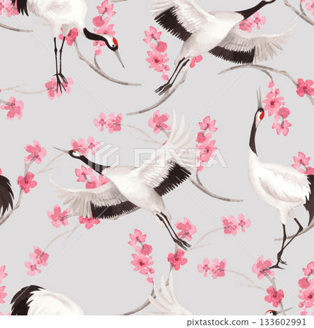 Seamless pattern of japanese cranes with the pink sakura on a grey background. Watercolor handmade illustration. For fabric, wallpaper, greeting cards, design, decoration and illustration. 133602991