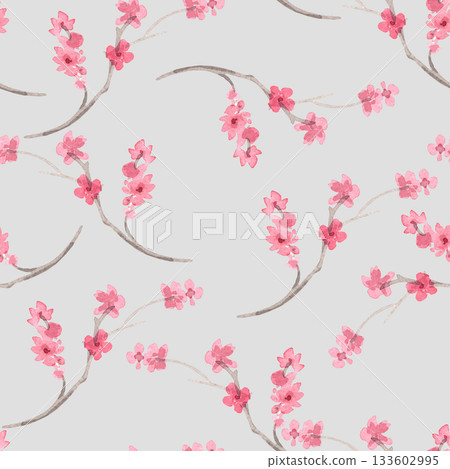 Seamless pattern of sakura on a grey background. Watercolor handmade illustration. For fabric, wallpaper, greeting cards, design, decoration and illustration. 133602995