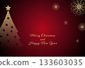 Merry Christmas and Happy New Year greeting card. Christmas tree, snowflakes spot textured on red background. Vector illustration 133603035