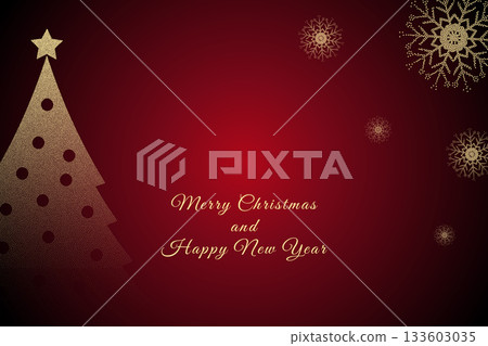 Merry Christmas and Happy New Year greeting card. Christmas tree, snowflakes spot textured on red background. Vector illustration Merry Christmas and Happy New Year greeting card. Christmas tree, snowflakes spot textured on red background. Vector illustration 133603035