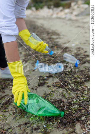 volunteer collecting plastic bottles on a polluted beach, highlighting ocean pollution, waste problem, environmental protection and coastal cleanup action. volunteer collecting plastic bottles on a polluted beach, highlighting ocean pollution, waste problem, environmental protection and coastal cleanup action. 133603082