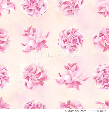 Rose bud floral seamless pattern on delicate yellow pink background. Watercolor hand drawn spring blossom flowers isolated illustration. For wedding decoration, wrapping paper, stationery, packaging 133603094