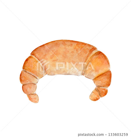 Crescent roll watercolor illustration isolated on white. Ideal for bakery branding, menu design, packaging, recipe layouts, breakfast graphics, artisanal food projects. Crisp baked texture. Warm tones 133603259