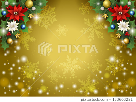 Christmas background, bottom sparkling snow, gold, poinsettia, top holly, cute, illustration, horizontal 133603281