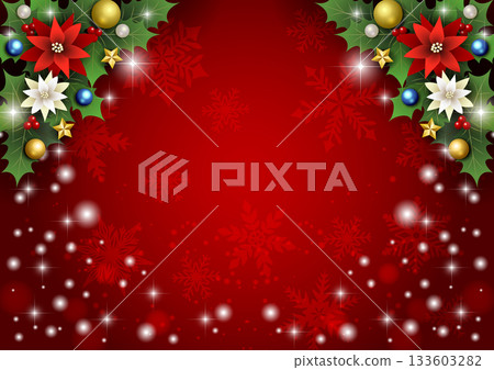 Christmas background, sparkling snowflakes on the bottom, red poinsettia, holly on top, cute, illustration, horizontal 133603282