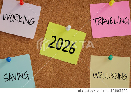 5 post-it paper pin on board with number 2026 in the middle and word working, saving, traveling, wellbeing around. new year goal target for work life balance concept 133603351