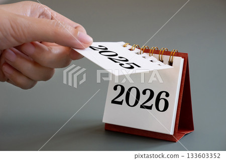 hand flipping calendar page turning from 2025 to 2026, New Year calendar concept. desk calendar flip page for new year celebration hand flipping calendar page turning from 2025 to 2026, New Year calendar concept. desk calendar flip page for new year celebration 133603352