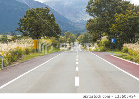 Autumn scenery of the silver grass plateau spreading across the Chojabaru Tadewara Marshland with a view of the Kuju Mountains 133603454