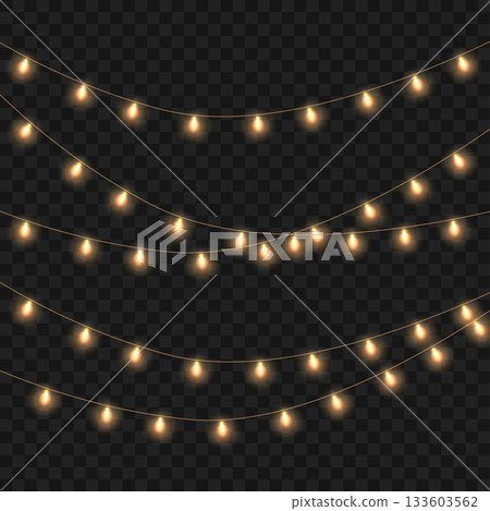 Christmas Glowing Yellow String Lights Garland Set on Transparent Background. Vector 133603562