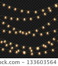 Christmas Glowing Yellow String Lights Garland Set on Transparent Background. Vector 133603564